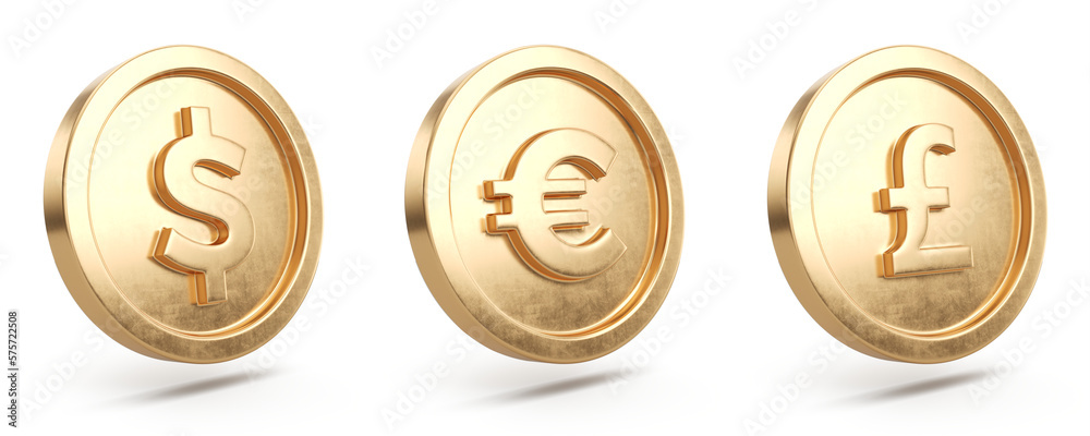 Banking, coin concept. Golden coin with currencies signs isolated on white - 3d rendering Banking, coin concept. Golden coin with currencies signs isolated on white - 3d rendering