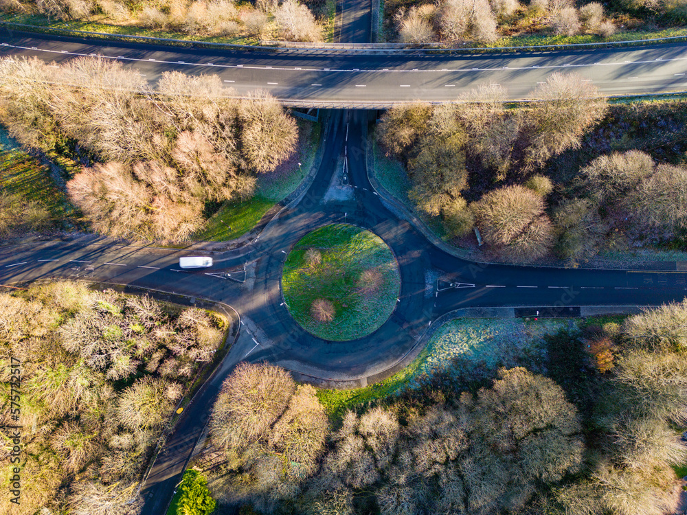 Aerial view of a roundabout (traffic circle) in winter