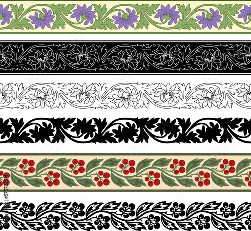 Decorative seamless floral borders, classic art. Black and colored, stencil. Pattern brushes included.