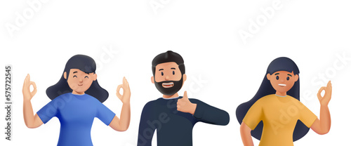 Happiness Emotions, Body Language 3D character. People Showing Positive Gestures. Happy Male and Female Characters