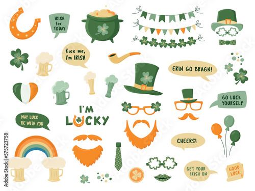 Photo booth props for St Patrick's day isolated on white. Photobooth vector set in green and orange. Hat, glasses, beer, garlands, pot, coins, rainbow, horseshoe, clover,  bubbles with funny quotes