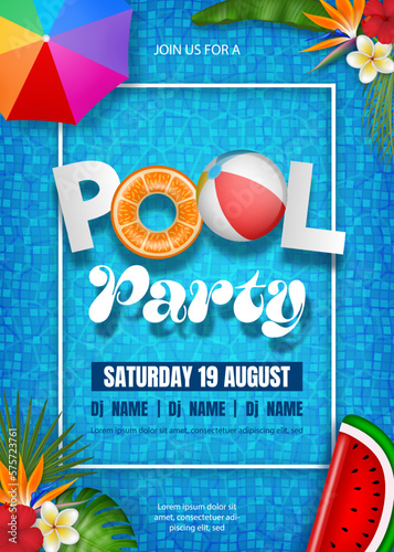 Summer pool party poster with inflatables, tropical leaves and beach umbrella on water background