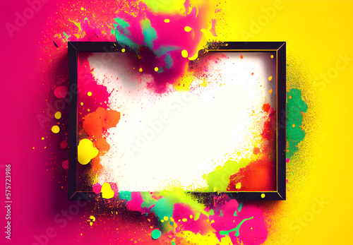 Crushed powder color frame on white background. Holi Festival of Colors in India Celebration. Frame template. Generative Ai.