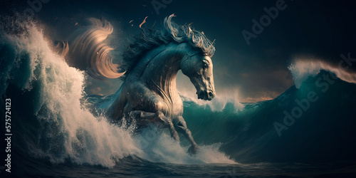 Poseidon's Creation: A White Horse Emerging from the Waves