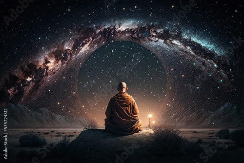 illustration, buddhist monk meditating under the starry sky, ai generative