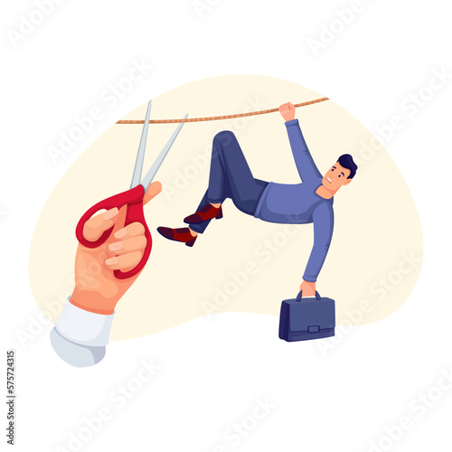 Hand of businessman cutting rope with hanging employee vector illustration Fototapeta