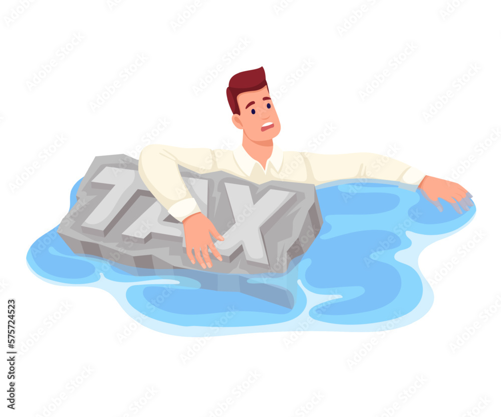 Business person drowning with tax stone in water vector illustration. Cartoon businessman debtor holding heavy burden of tax in hand, man sinking under weight of money payment and finance problems Business person drowning with tax stone in water vector illustration. Cartoon businessman debtor holding heavy burden of tax in hand, man sinking under weight of money payment and finance problems