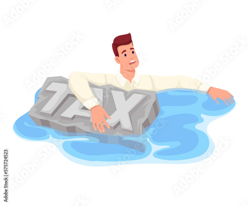 Business person drowning with tax stone in water vector illustration. Cartoon businessman debtor holding heavy burden of tax in hand, man sinking under weight of money payment and finance problems