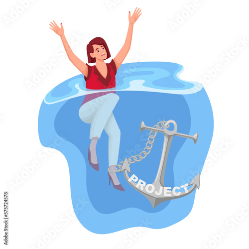 Business person drowning in water vector illustration. Cartoon businesswoman connected by chain to anchor of bad business project, stress of woman sinking under weight of guilt and waste ideas