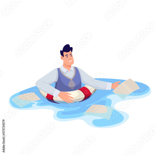 Business person floating in water in lifebuoy to survive vector illustration. Cartoon sad man drowning, holding paper document in hand, desperate businessman in need of help and support in stress