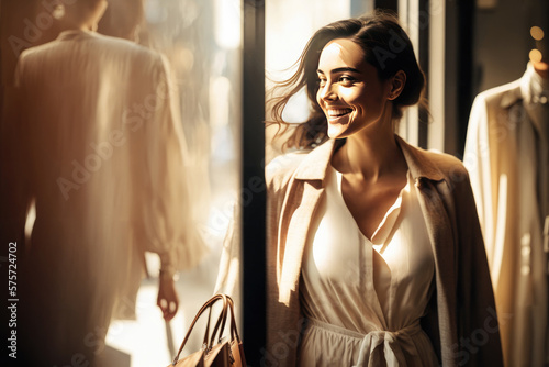 Happy woman shopping, a woman with a radiant smile browsing through a high-end fashion boutique filled with designer clothes, shoes, and accessories, AI generated