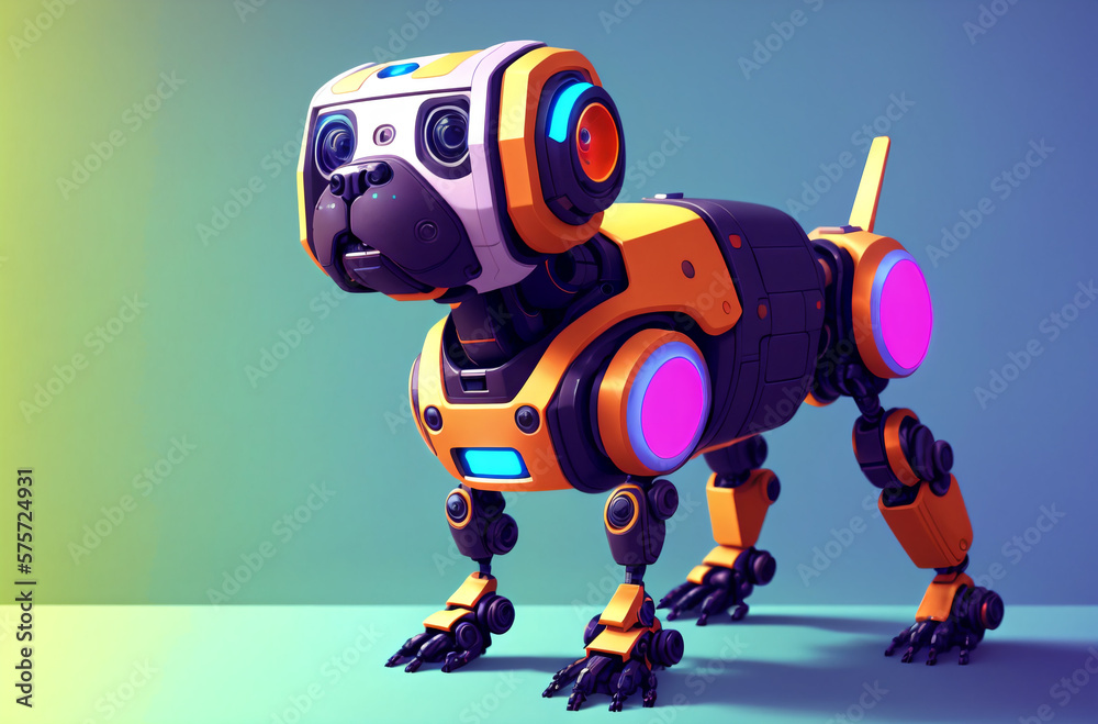 Robot dog. Cute robot doggie in bright colors. Concept of modern world, toy animal. Generative AI.