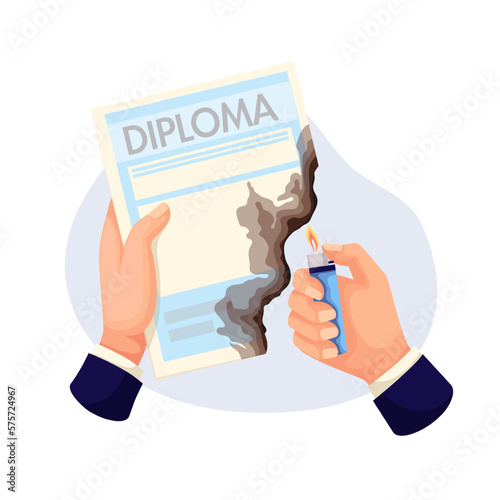 Businessmans hands burn useless diploma with lighter vector illustration. Cartoon hand of office worker holding burnt and torn paper certificate to destroy, diploma document with fire on edge