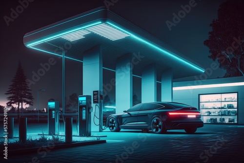 EV car charging with charger at electric charge station at night, Generative AI © Nattawat