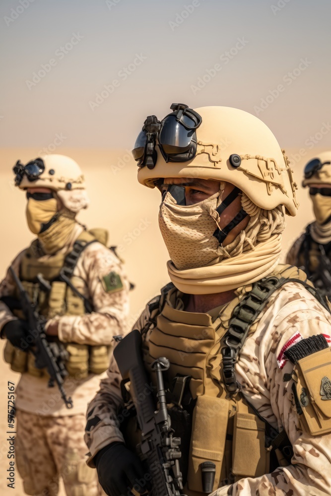 Fototapeta premium Soldiers squad with fully equipped and armed in a military operation in the scorching desert, generative AI