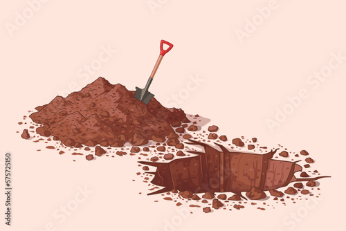 Dig a hole. Vector illustration. Drawing of a hole in the ground, a pile of soil, stones and a shovel. Excavation. Deep hole. Archeology and search. To plant a tree. Water well in the desert