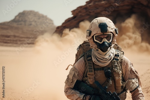 Soldier with fully equipped and armed in a military operation in the scorching desert, generative AI