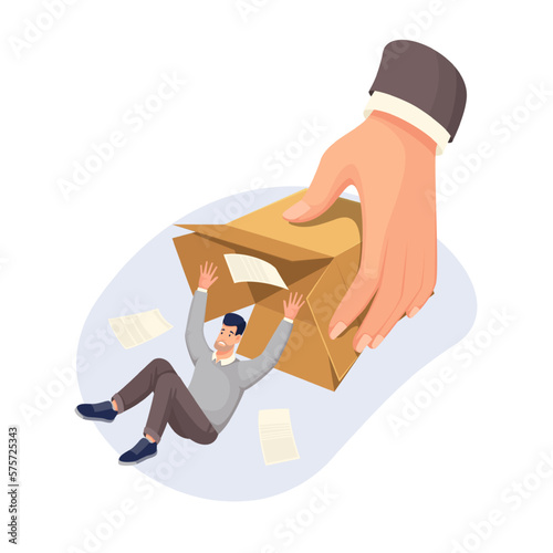 Hand of boss throwing employee from open cardboard box to dismiss vector illustration. Cartoon fired man falling from box among business paper documents to leave office, employer firing businessman