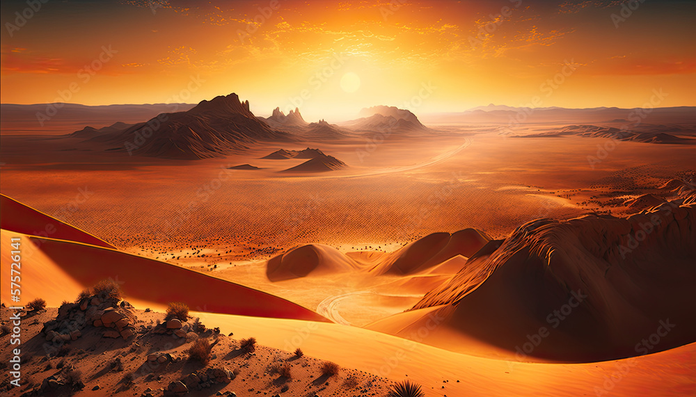 Fototapeta premium A panoramic view of a vast, barren desert landscape at sunset, with the orange sky stretching out as far as the eye can see, Rank 1 National Geographic, sunset, sky, mountain, landscape, sunrise, sun