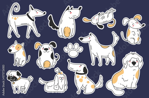 Cute dogs stickers different poses domestic pets concept set. Vector flat graphic design element concept illustration