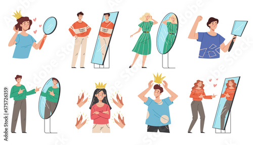 Confident people look in mirror and seeing reflections of themselves. Narcissistic egoistic proud person concept. Vector graphic design illustration element