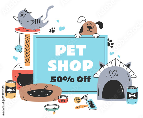 Pet shop sale discount banner poster concept. Animal pets zoo store with food, toys. Vector graphic design illustration element 
