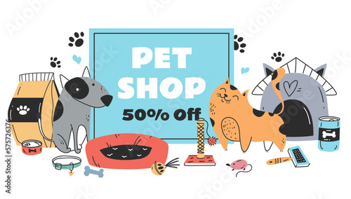 Pet shop sale discount banner poster concept. Animal pets zoo store with food, toys. Vector graphic design illustration element 