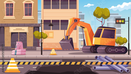 Road city works asphalt replacement excavate industry digger machine concept. Vector graphic design illustration element