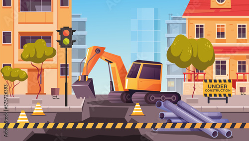 Road city works asphalt replacement excavate industry digger machine concept. Vector graphic design illustration element