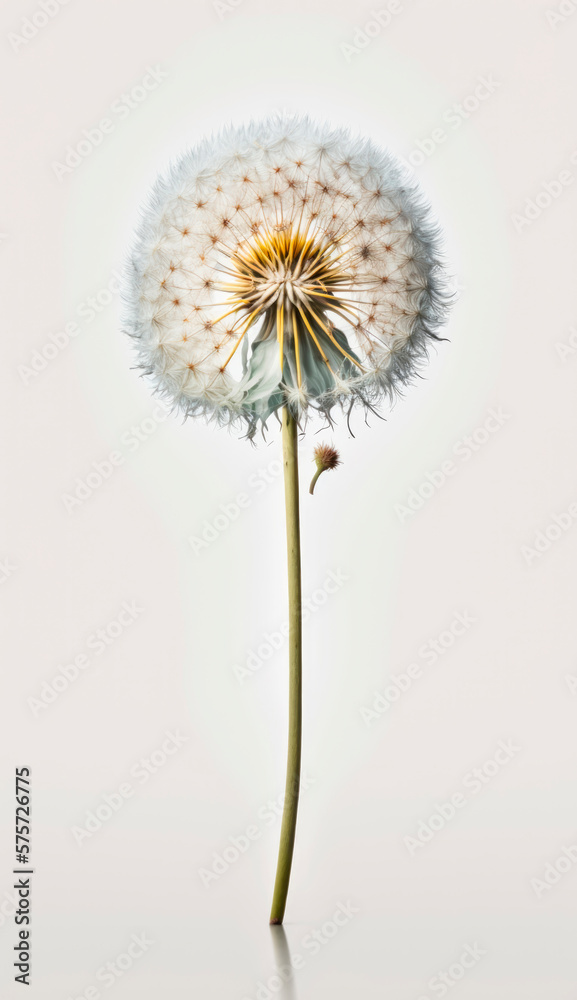 Fluffy dandelion wit hseeds ready to fly, isolated on a white background in a vertical image