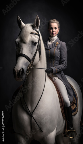 Equstrian rider in an elegant grey uniform sitting on a white horse in a dramatic portrait with a dark grey background