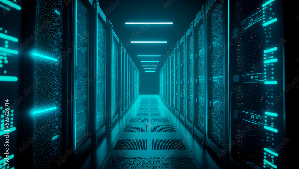 Fototapeta premium Modern server and data storage room with a corridor lit up by blue ambient light in a computing technology concept