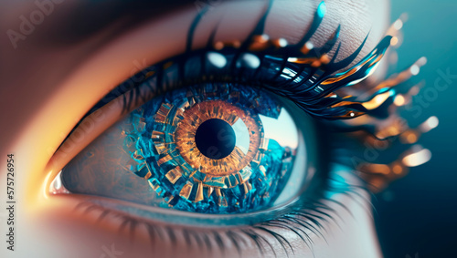 Close-up of a female human eye looking into the metaverse with a beautiful iris