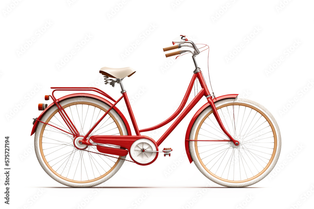 The bicycle is isolated on a white background. The red classic bicycle is isolated on a white plain background. Generative AI.