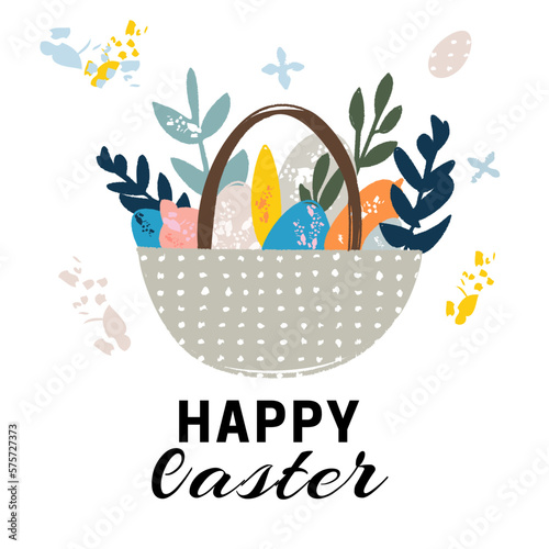 Easter basket with painted eggs, flowers and lettering isolated on white background. Happy Easter banner, poster, greeting card. Trendy vector design in cartoon style. Wealth and religion symbol.