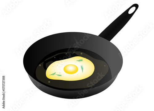 Black frying pan with fried egg in oil. Vector illustration, on white background