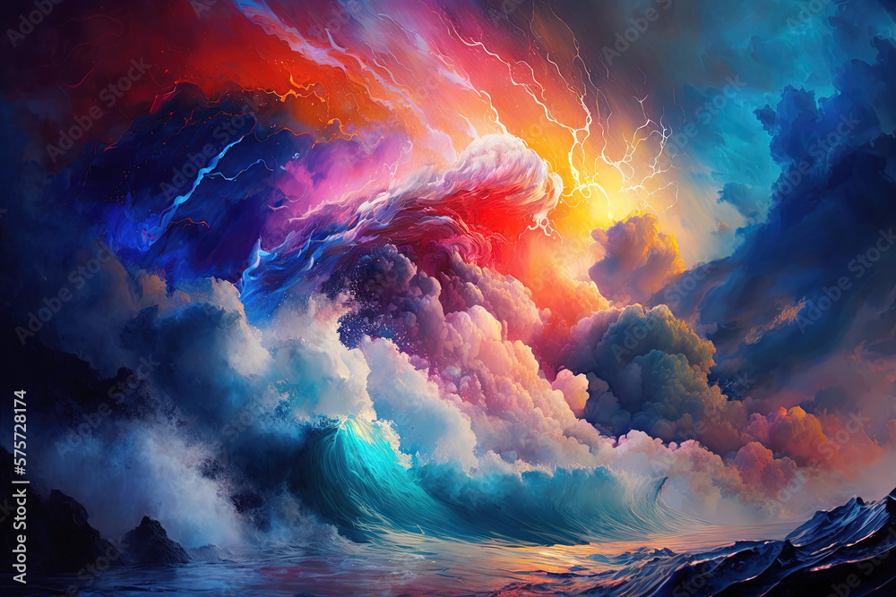 Storm of colours, colorful splashes of liquid with dramatic saturated sky.The power of color. Generative AI