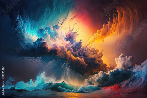 Storm of colours, colorful splashes of liquid with dramatic saturated sky.The power of color. Generative AI