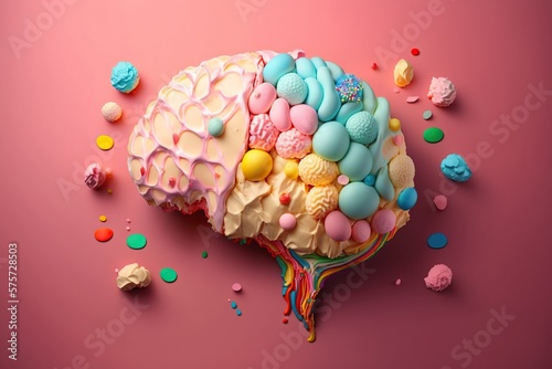 Studio photo of a human brain made of sweets , concept of Brain Model and Food Art, created with Generative AI technology
