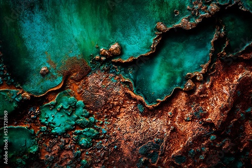 Oxidized Metal blue green Copper Patina. Abstract oil and acryl painting on canvas texture background. Generative AI.