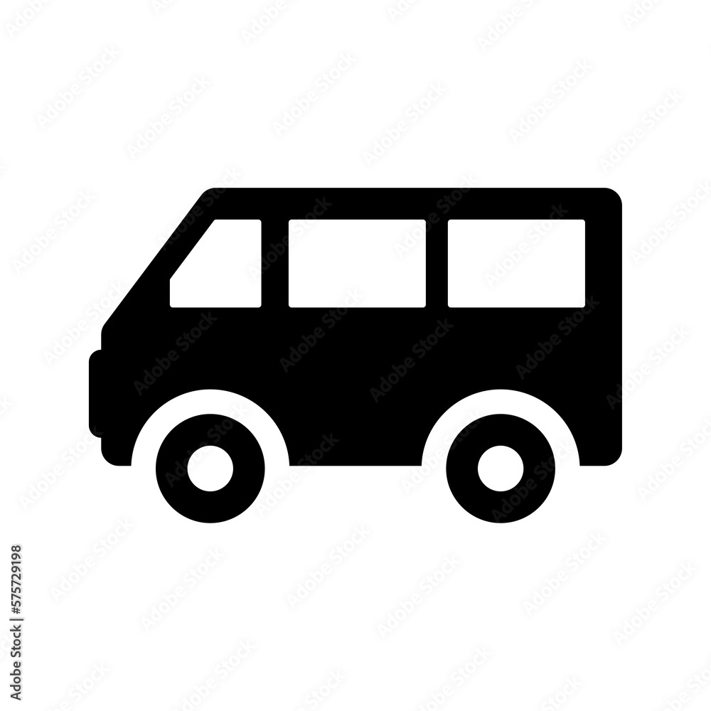 Carriage, conveyance, mini bus icon. Black vector graphics.