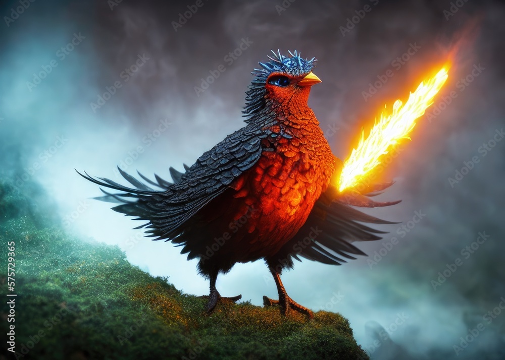 Fototapeta premium Illustration of a phoenix bird in a fairy-tale world. Generated by AI