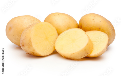 Raw potatoes cut in slices isolated on white background