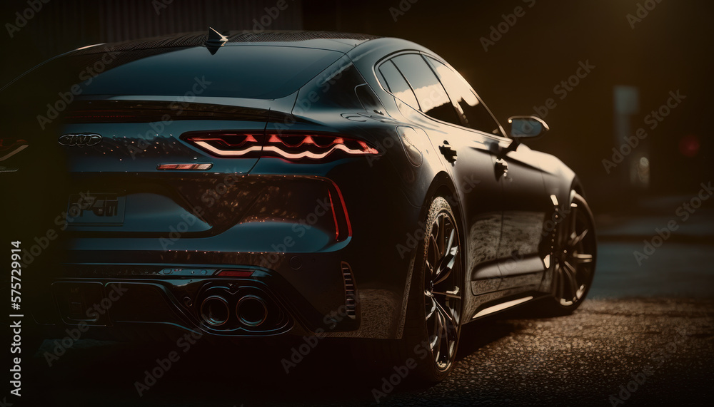 Fototapeta premium a black sports car parked in a parking lot background wallpaper. generative ai