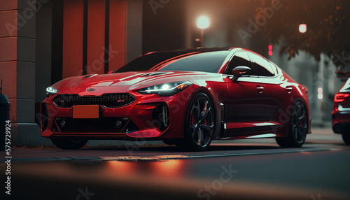 A red sports car parked in front of a building. background wallpaper illustration. generative ai