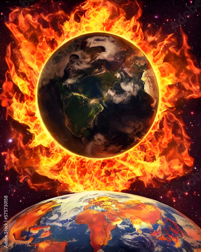 The Earth is in the flames. Global fire on the planet view from space.