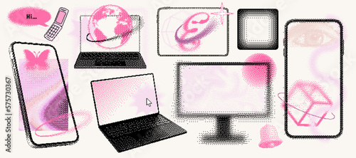 Dither devices mockup. Mobile phone, bitmap laptop, pixel tablet and computer monitor vector illustration set