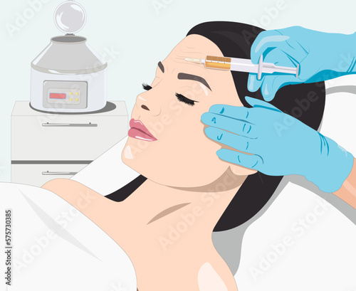 vector image. Cosmetologist does prp therapy of a beautiful woman in a beauty salon. Cosmetology concept