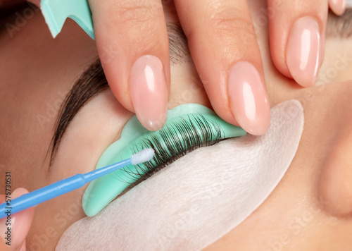 Bild auf Leinwand Make-up artist makes the procedure of lamination and dyeing of eyelashes to a beautiful woman in a beauty salon