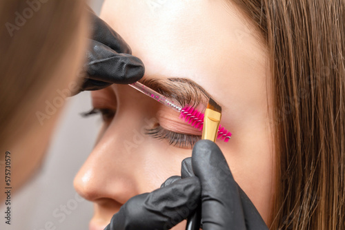 The make-up artist does Long-lasting styling of the eyebrows of the eyebrows and will color the eyebrows. Eyebrow lamination. Professional make-up and face care.